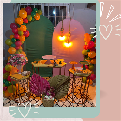 Kit Com 2 Paineis Romanos  E Trio de Mesas Hexagonais , Rosa E Verde Com Laranja Com Corda Iluminada - Nanda Pegue e Monte