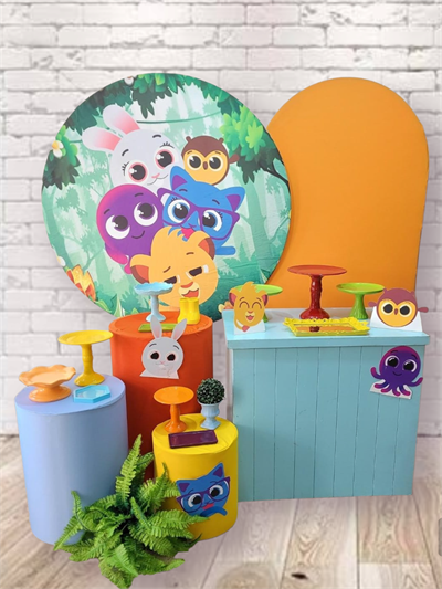 Kit Balofofos, Painel Redondo Com Painel Romano - Trio de Cilindros Com Mesa Azul Dobravel - Nanda Pegue e Monte