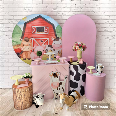 Kit Fazendinha Menina, Painel Redondo Com Painel Romano E 4 Mesas - Nanda Pegue e Monte