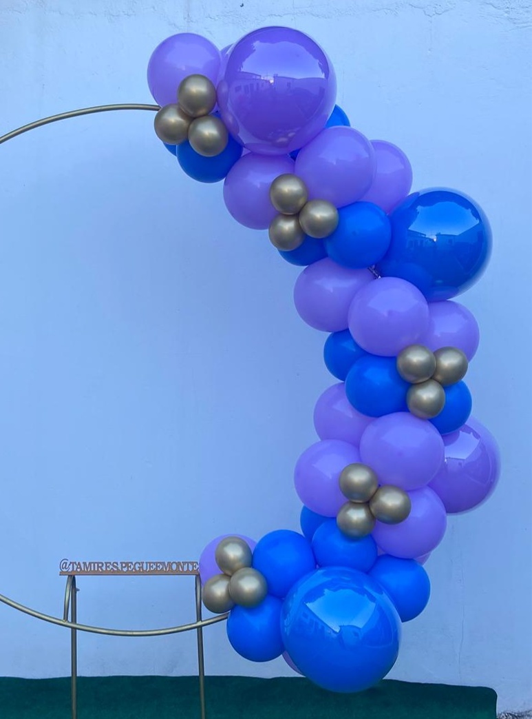 Arco de Balão Tradicional-16 Intercalado Lilás E Azul,9 Lilás.8 Azul,5 Dourado-Redondo Azul Escuro E Romano Lilás  - tamirespegueemonte