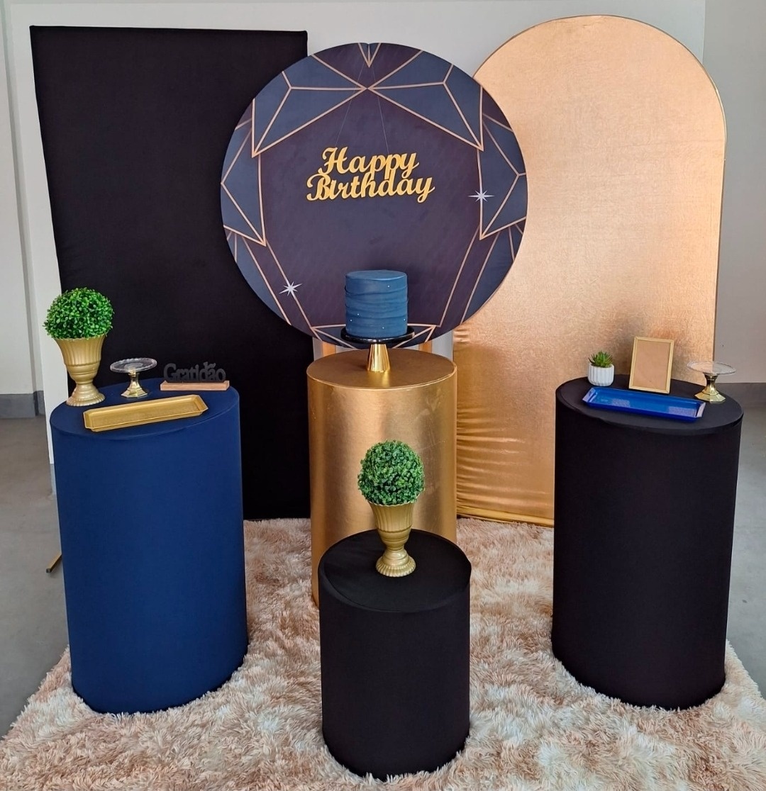 Kit Happy Birthday Azul Preto E Dourado (Geométrico) - feste_se_peguemonte