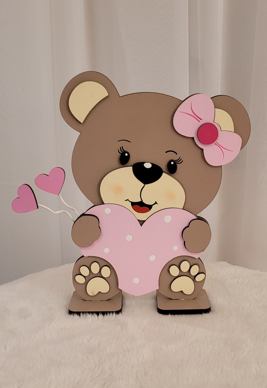 Display Mdf 3D Urso Baby Coração Rosa - Três Marias Festas