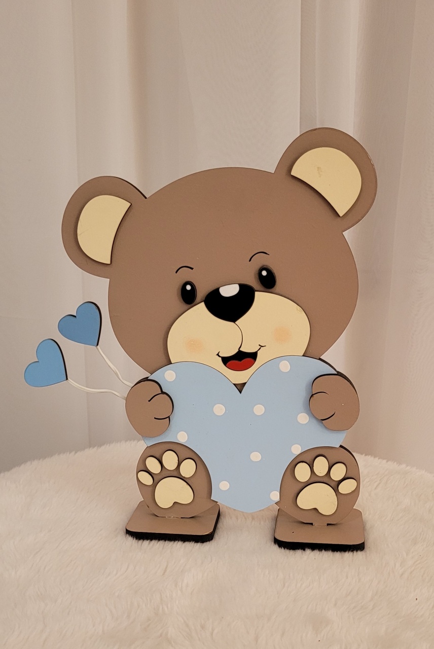 Display Mdf 3D Urso Baby Coração Azul - Três Marias Festas