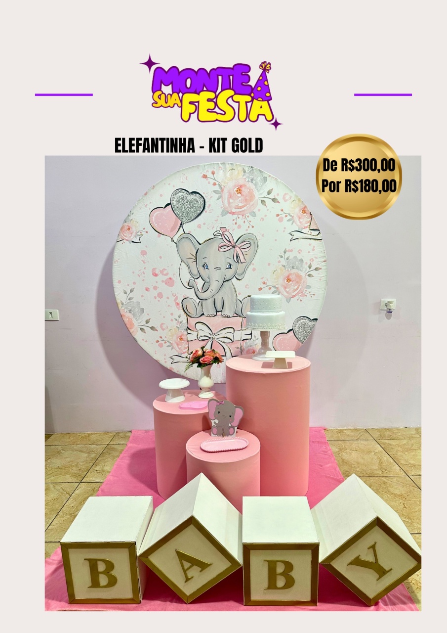 Chá de Bebê Menina Elefantinha - Kit Gold  - Monte sua festa 