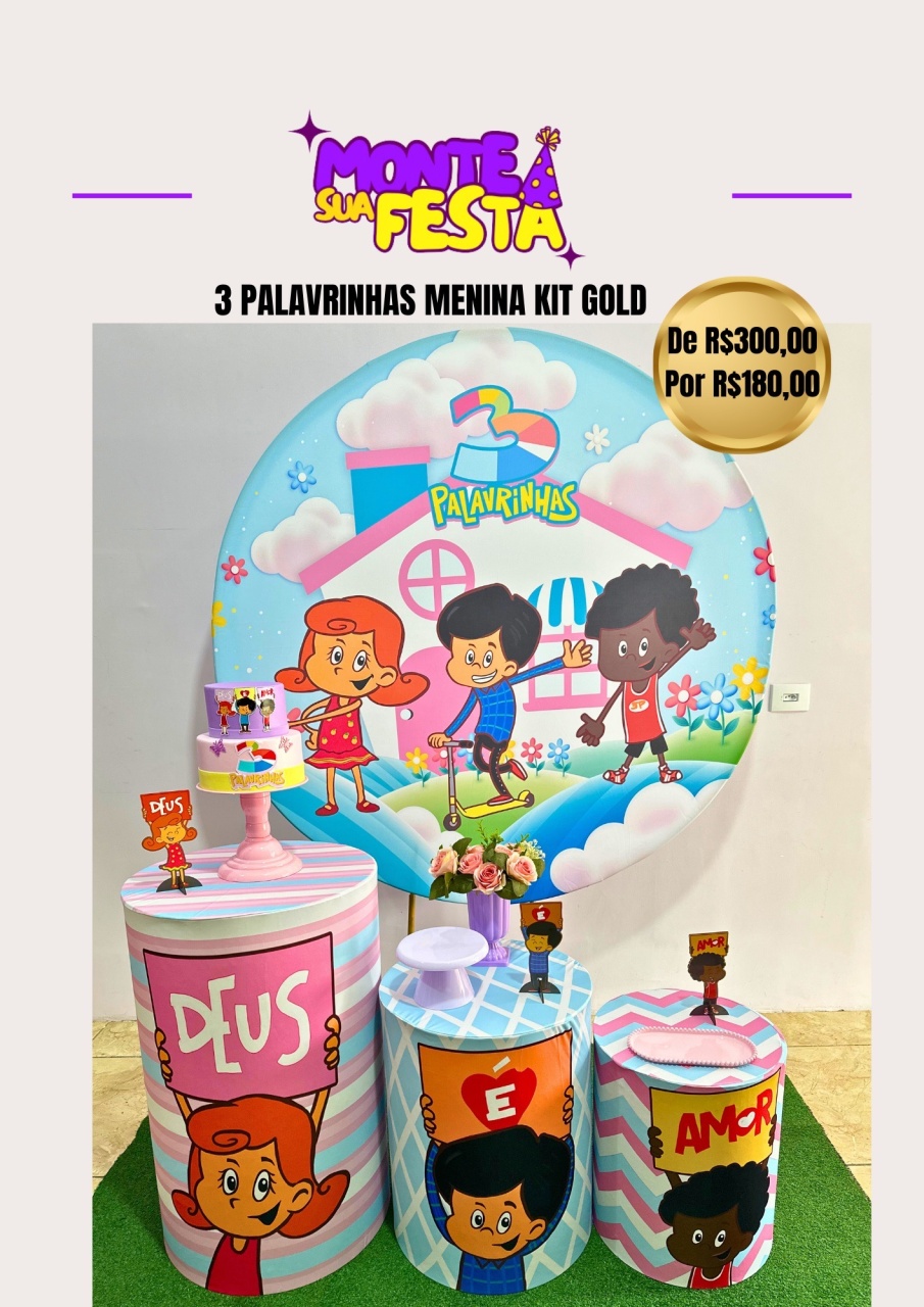 3 Palavrinhas Menina - Kit Gold  - Monte sua festa 