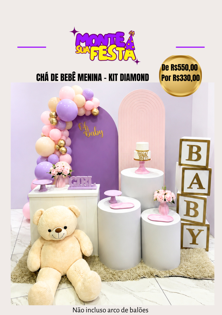 Chá de Bebê Lilas E Rosa - Kit Diamond - Monte sua festa 