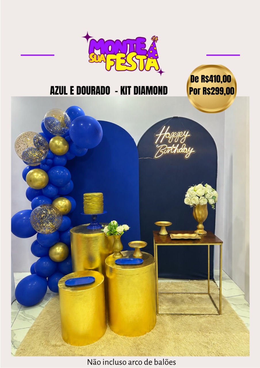 Decoração Adulta Azul E Dourado - Kit Diamond - Monte sua festa 