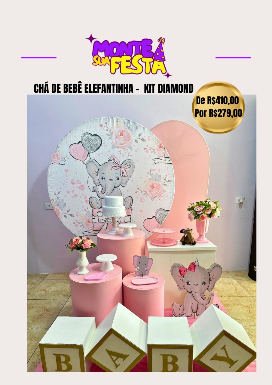 Chá de Bebê Menina Elefantinha - Kit Diamond  - Monte sua festa 