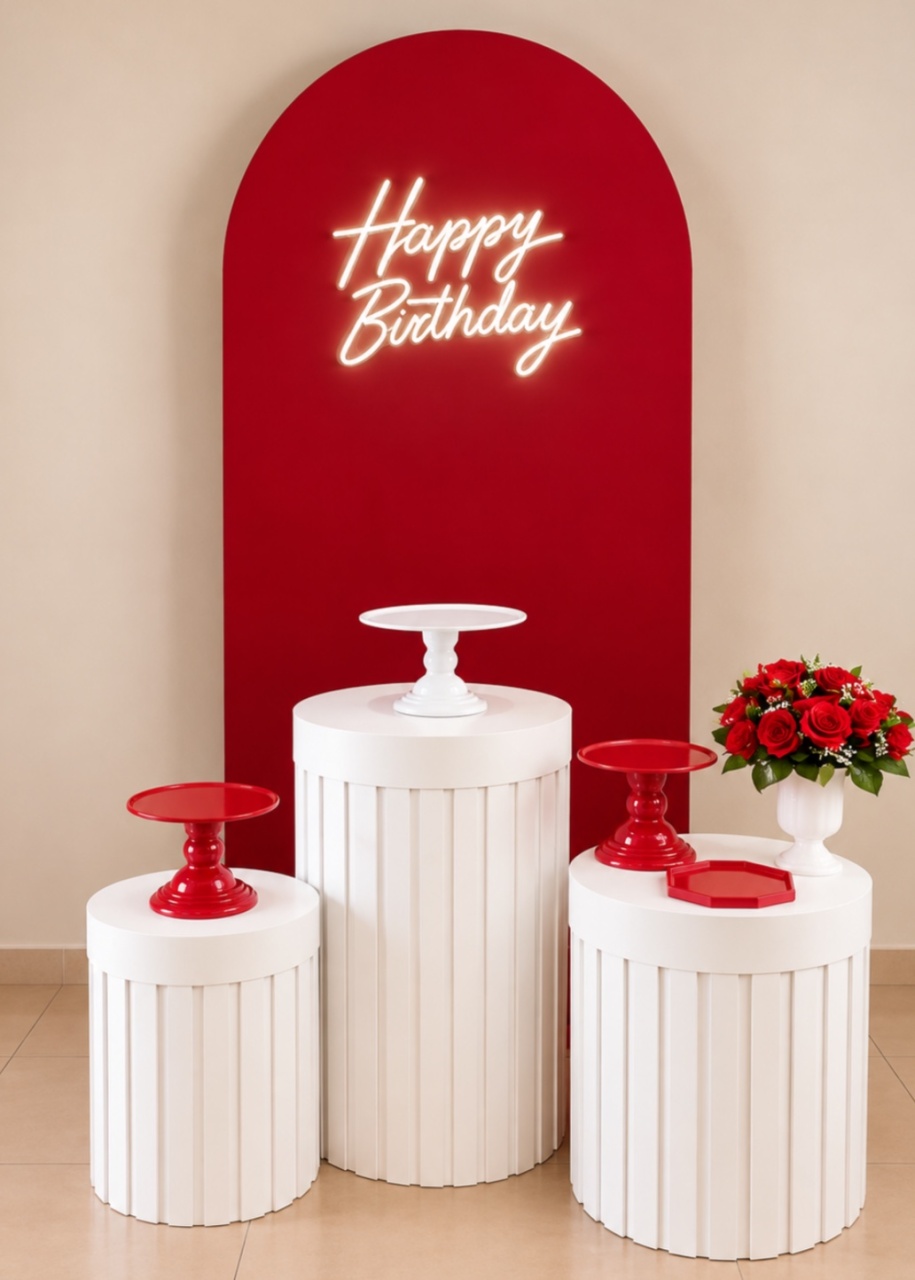 Kit Premium Com Cilindro Ripado Vermelha Com Led Happy Birthday - encantopegueemonte
