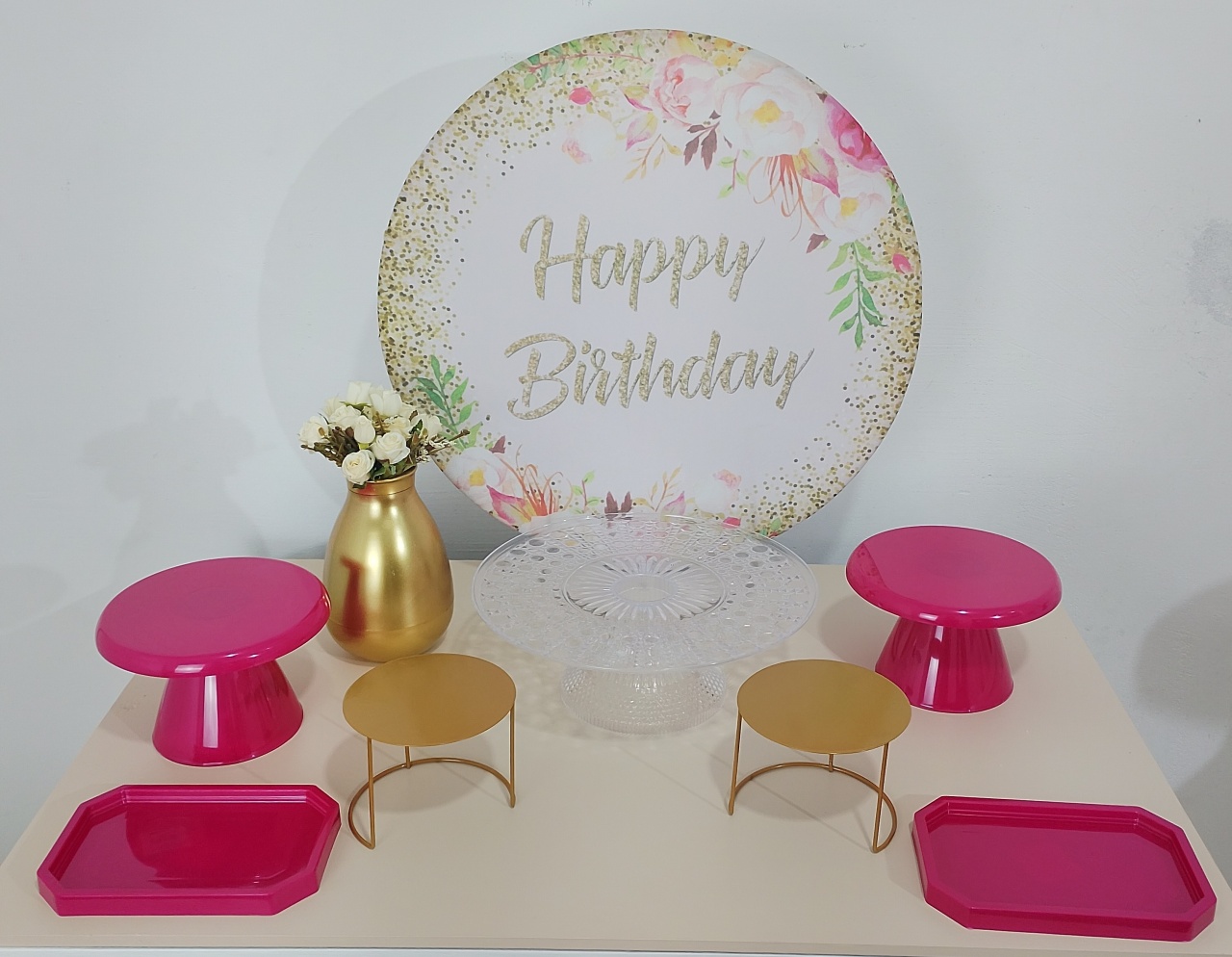 Festa Na Mesa - Happy Birthday Dourado Com Rosa Pink (01)  - Topfesta 
