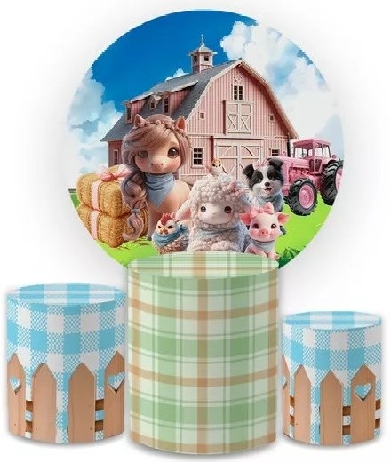 Fazendinha Cute 3D Trator Rosa Painel Redondo 150Cm - FOCUSEVENTOSJATAI
