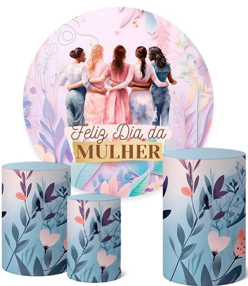 Dia da Mulher Floral Azul E Rosa Painel Redondo 150Cm - FOCUSEVENTOSJATAI