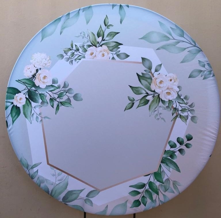 Floral Geométrico Flores Branca  Folhagem Painel Redondo 150Cm - FOCUSEVENTOSJATAI