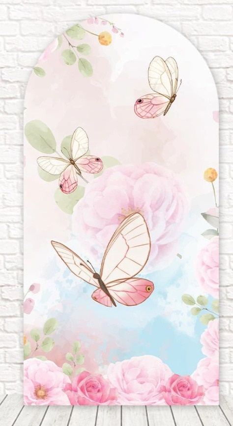 Borboleta Rosa E Cha 002 Painel Romano 200X100Cm - Fundo Rosa Chiclete  - FOCUSEVENTOSJATAI