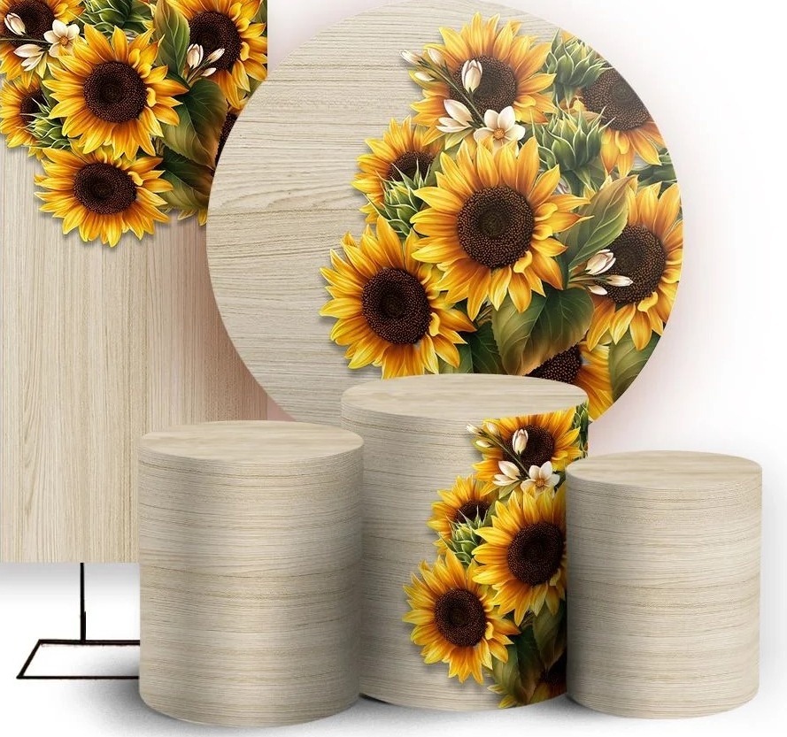 Girassol 3D Real Fundo Madeira Clara Painel Redondo 150Cm - FOCUSEVENTOSJATAI