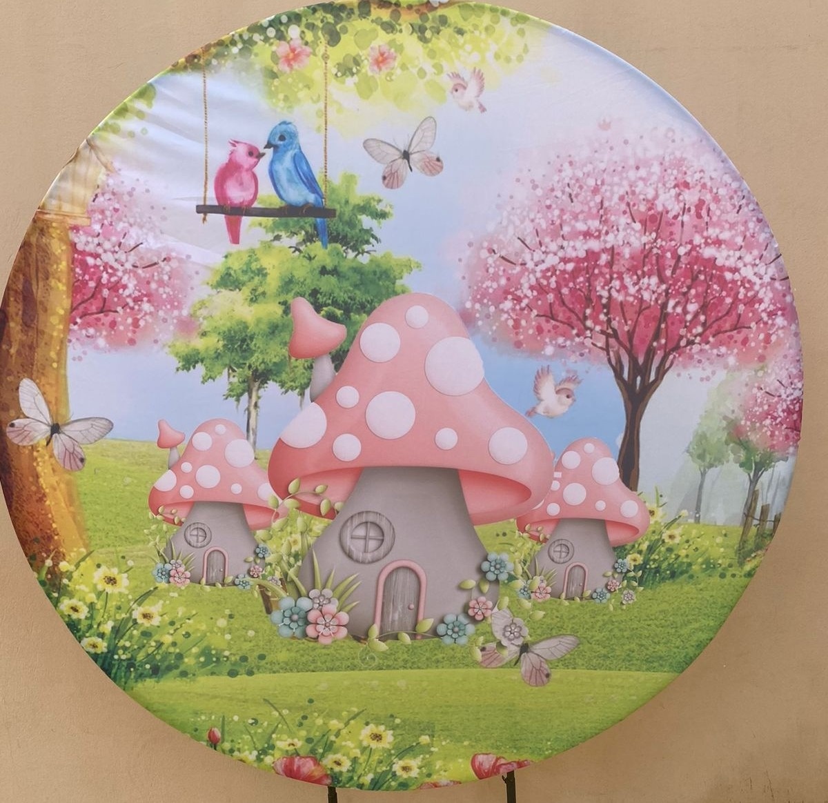 Jardim Casinha Cogumelo Rosa Painel Redondo 150Cm - FOCUSEVENTOSJATAI
