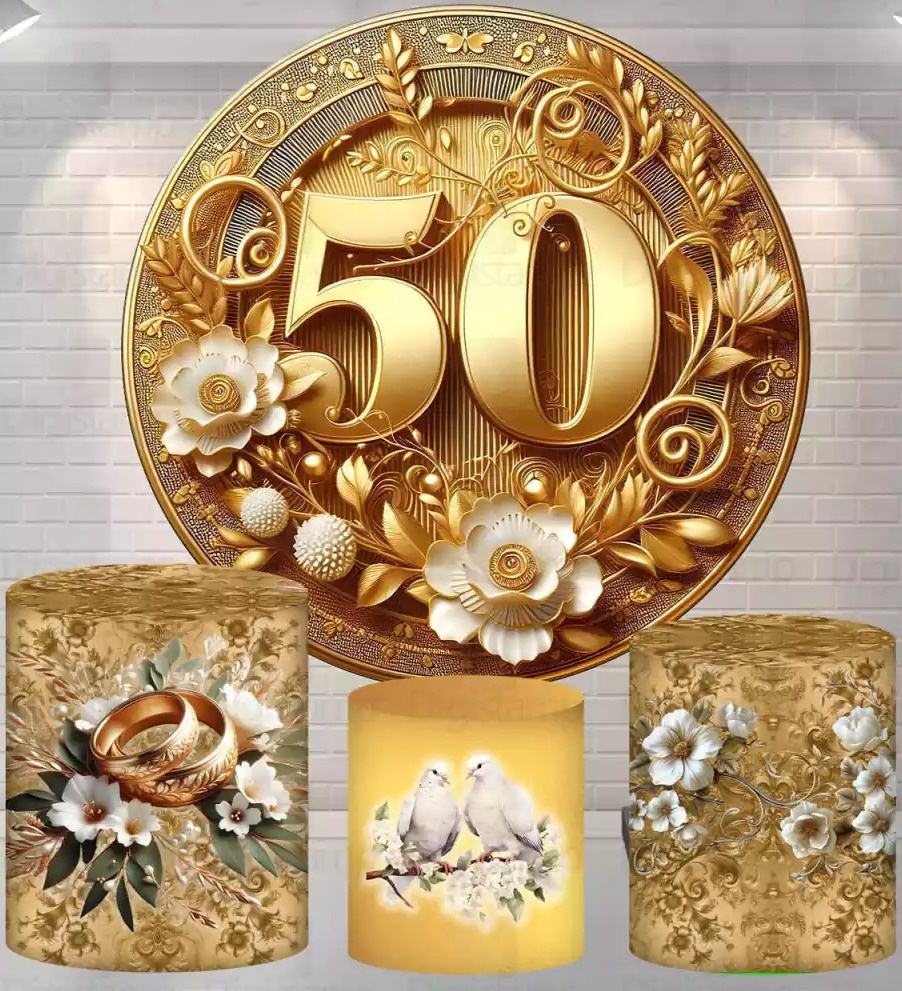 Boda de Ouro 3D Dourado 50 Anos Painel Redondo 150Cm - FOCUSEVENTOSJATAI