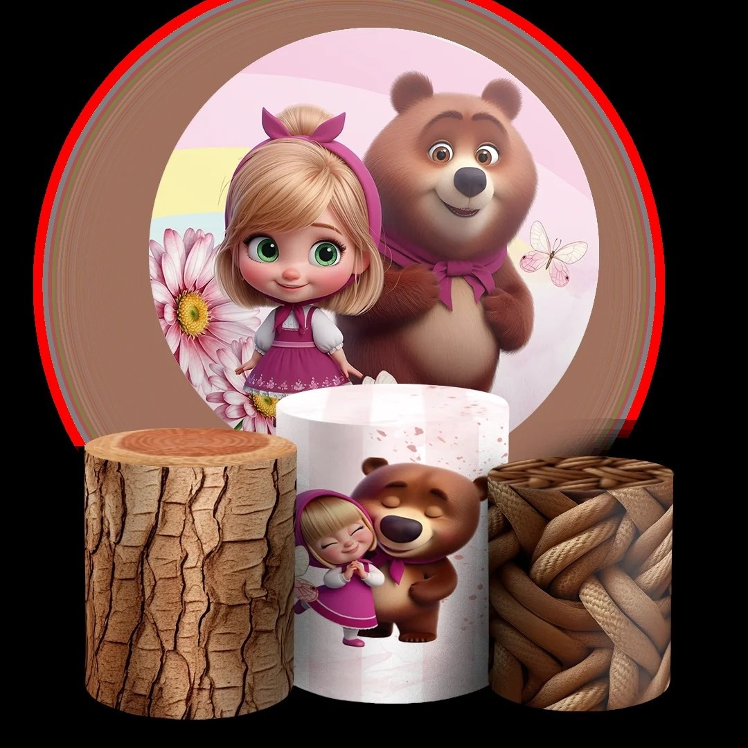 Masha E Urso 3D Flores Rosa Painel Redondo 150Cm - FOCUSEVENTOSJATAI