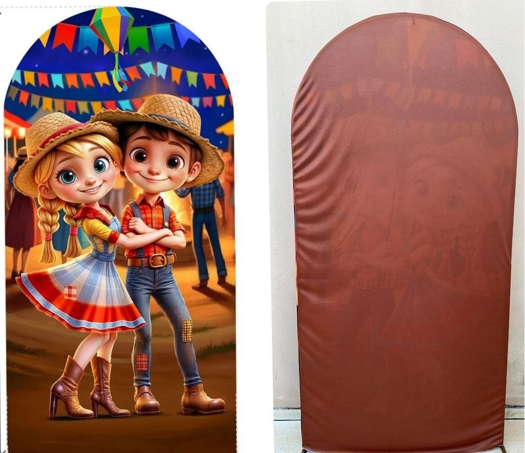 Festa Junino 3D Caipiras  Arraia Fundo Marron Cobre Painel Romano 200X100Cm - FOCUSEVENTOSJATAI