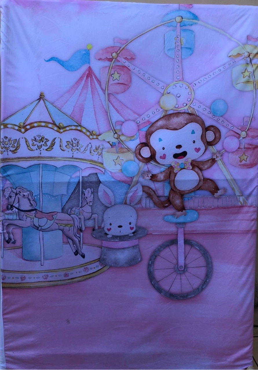 Circo Rosa Macaco Equilibrista Painel Retangular 220X150Cm Fundo Branco Liso 04 - FOCUSEVENTOSJATAI