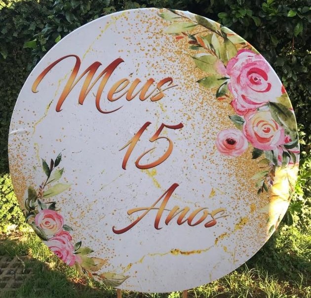 15 Anos Floral Rosa Glitter Dourado - Painel Redondo 150Cms - FOCUSEVENTOSJATAI