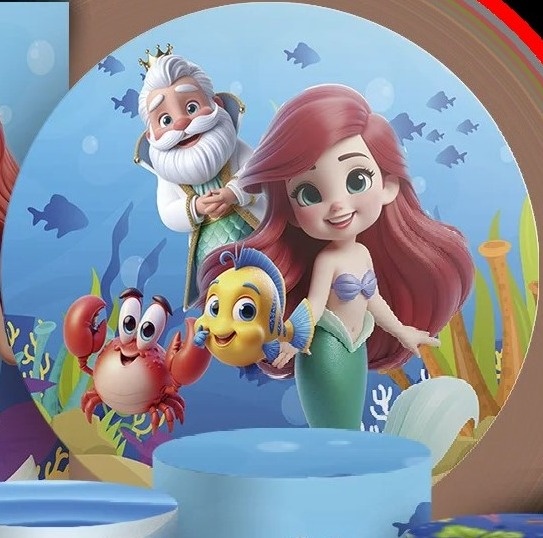 Pequena Sereia Ariel 3D Mar Azul Painel Redondo 150Cm - FOCUSEVENTOSJATAI