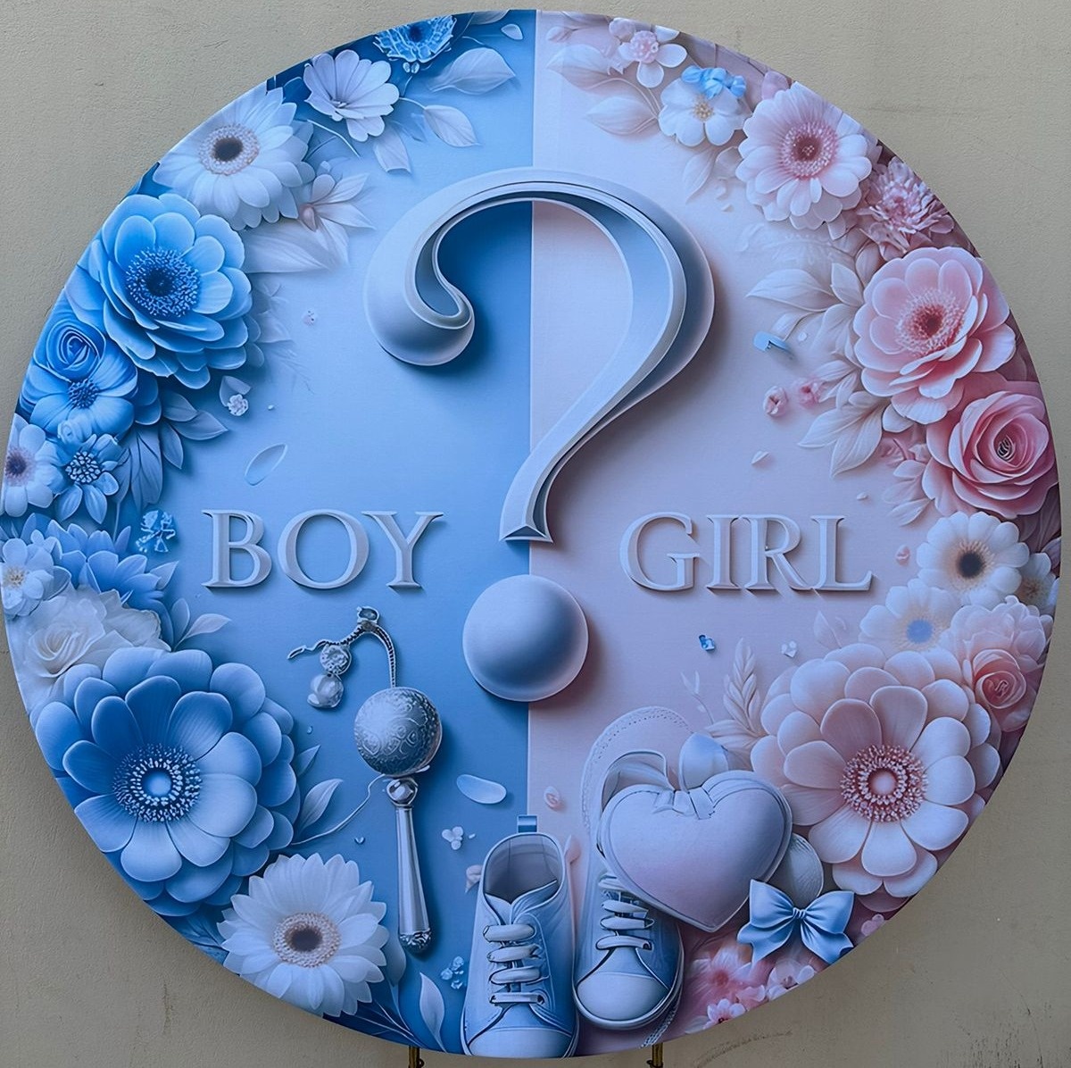 Chá Revelação Interrogação 3D Boy E Girls Azul E Rosa Painel Redondo 150Cm - FOCUSEVENTOSJATAI