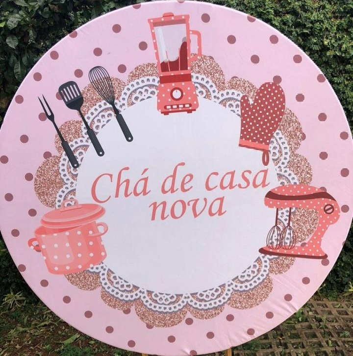 Chá de Casa Nova Rosa Bolinha Painel Redondo 150Cm - FOCUSEVENTOSJATAI