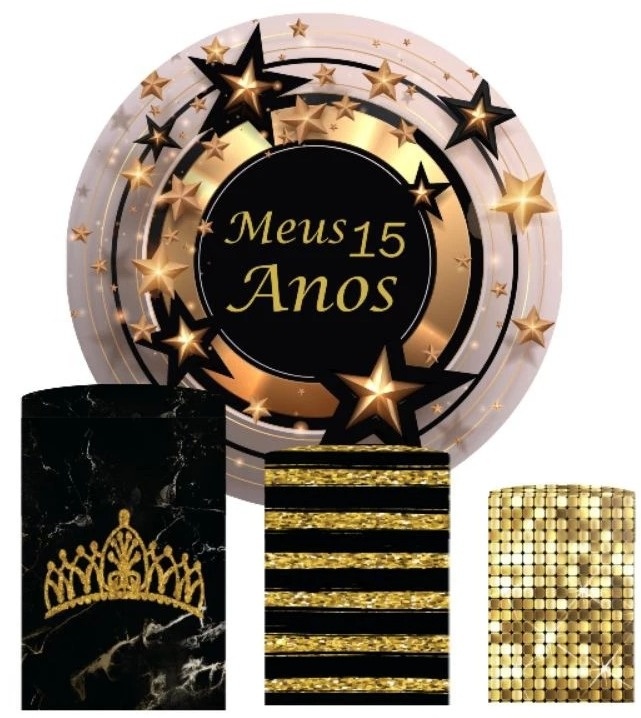 15 Anos Estrelas Preto E Dourado Cilindro Redondo Pmg - FOCUSEVENTOSJATAI