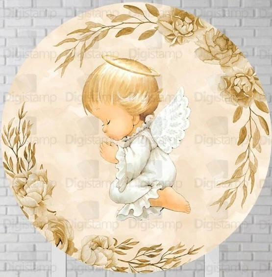 Batizado Anjinho Floral Dourado Painel Redondo 150Cm - FOCUSEVENTOSJATAI