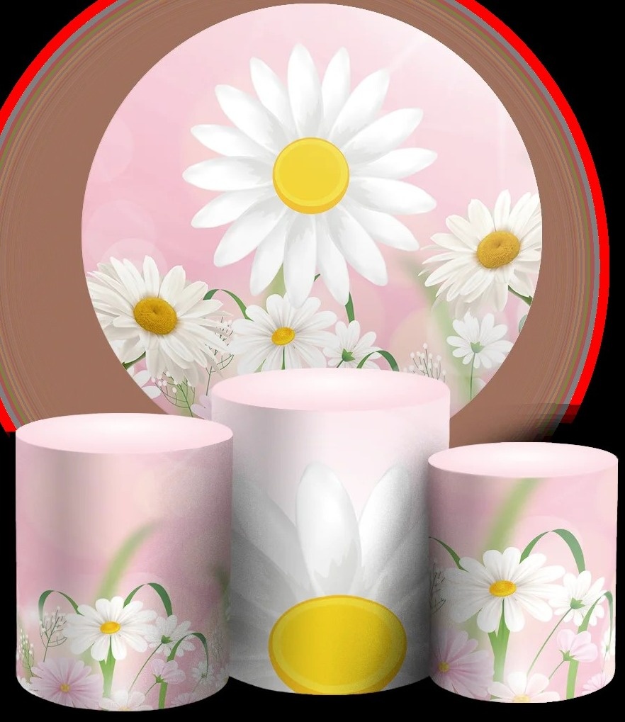 Margaridas Branca Fundo Rosa Painel Redondo 150Cm - FOCUSEVENTOSJATAI