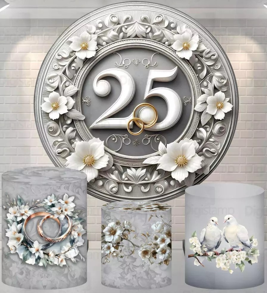 Boda de Prata 25 Anos 3D Painel Redondo 150Cm - FOCUSEVENTOSJATAI
