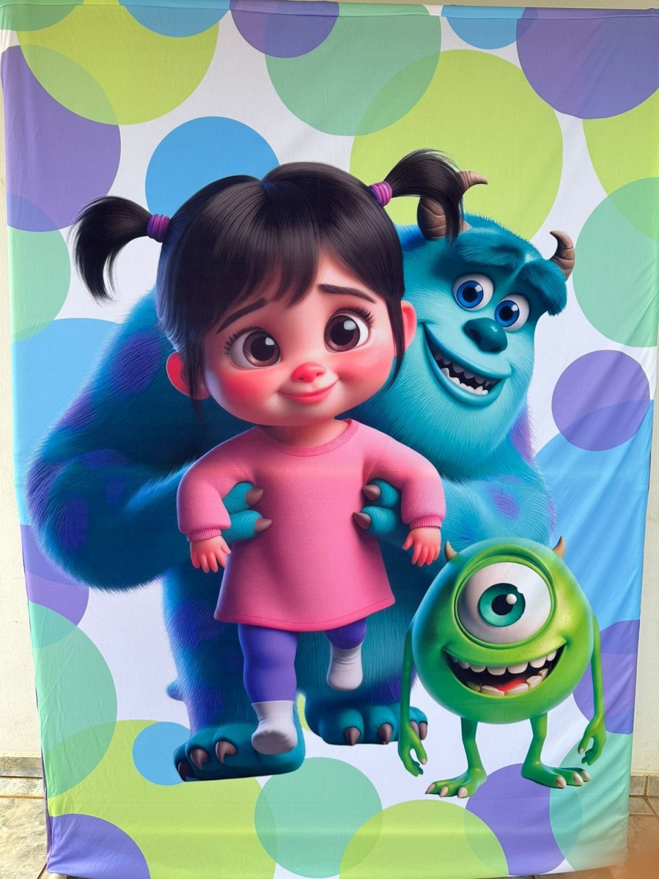Monstros E Cia 3D Bolado Verde Lilas Fundo Lilas Liso Painel Reangular 220X150Cm - FOCUSEVENTOSJATAI