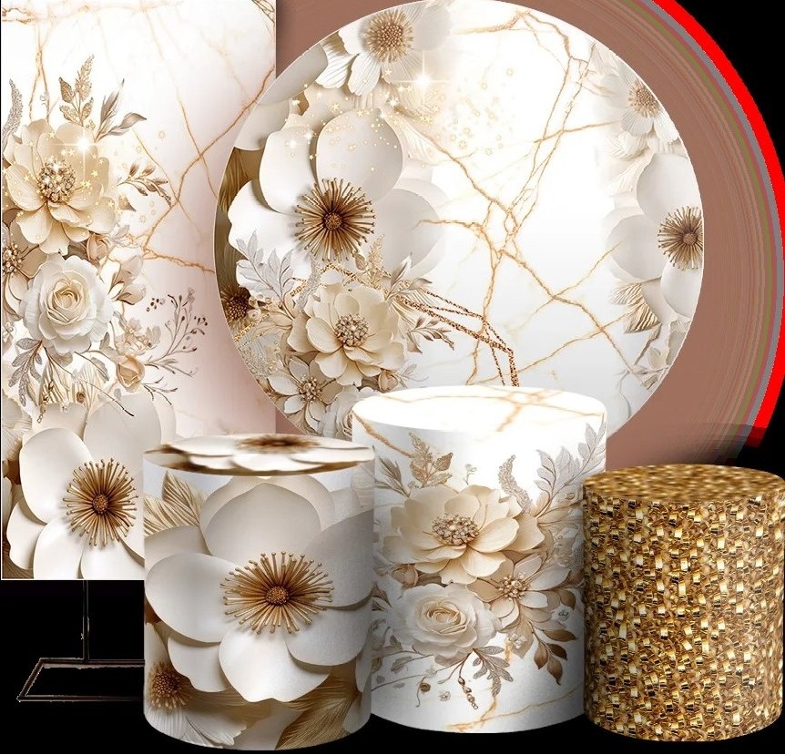 Floral Flor de Papel Cha Dourado Painel Redondo 150Cm - FOCUSEVENTOSJATAI