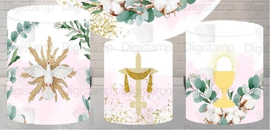 Religioso Primeira Comunhao Menina Floral Algodão Painel Red150Cms E Cilindro Red Pmg - FOCUSEVENTOSJATAI