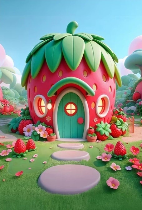 Moranguinho 3D Casa Morango Fundo Verde Bandeira Painel Retangular 220X150Cm - FOCUSEVENTOSJATAI