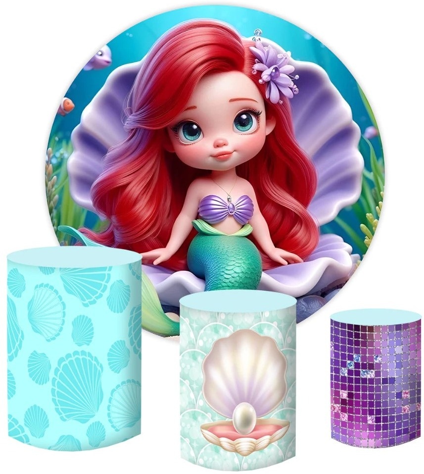 Pequena Sereia Ariel 3D Concha Lilas Painel Redondo 150Cm - FOCUSEVENTOSJATAI