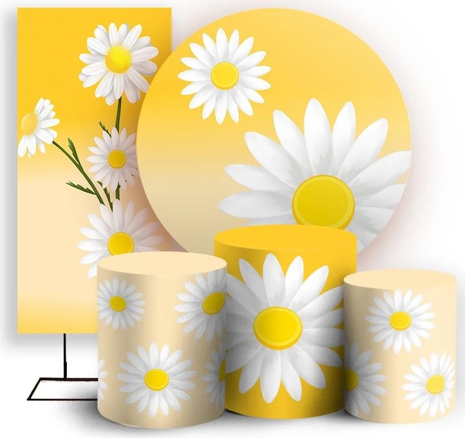 Margaridas 3D Branco E Amarelo Fundo Amarelo Painel Retangular 220X150Cm - FOCUSEVENTOSJATAI