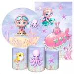Fundo Do Mar 3D Menina Rosa E Lilas Painel Redondo 150Cm - imagem 2