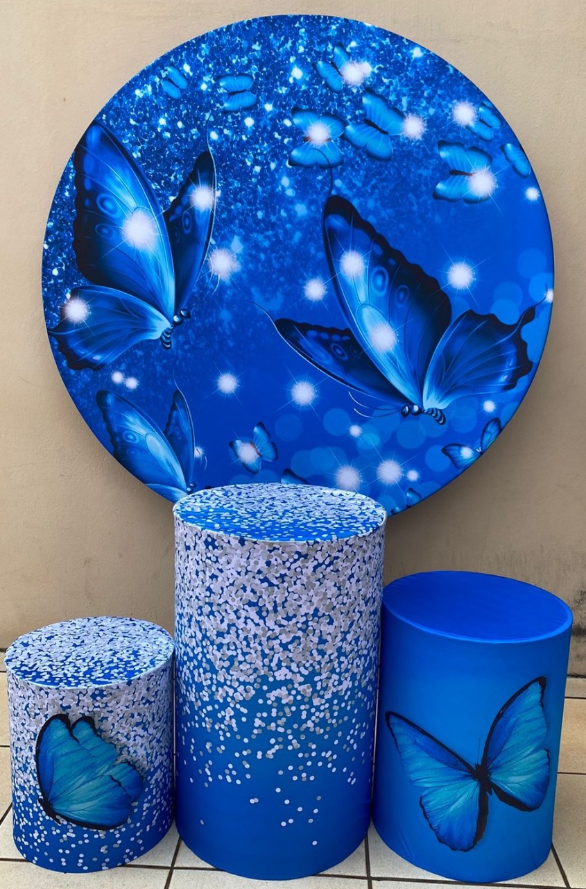 Borboleta Azul Glitter Painel Redondo 150Cm - FOCUSEVENTOSJATAI