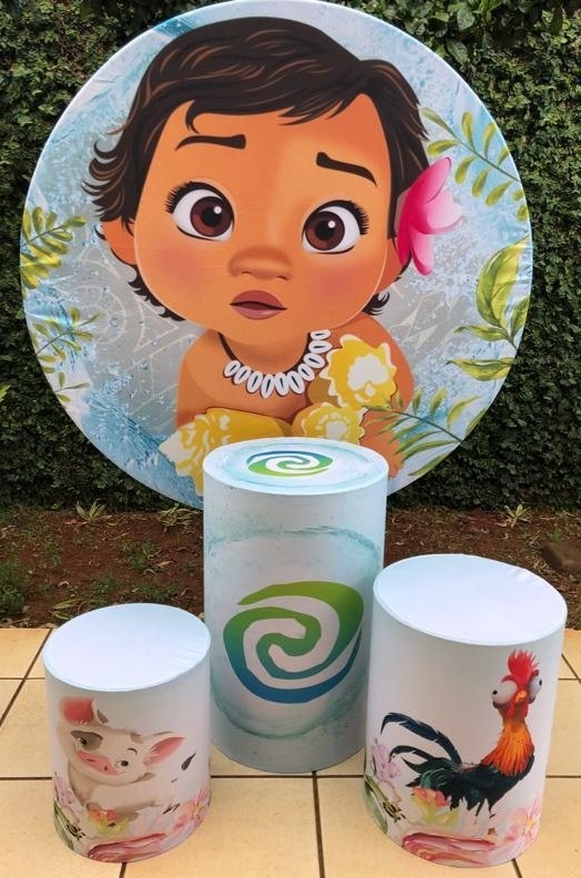 Moana Baby 3 Caracois Fundo Verde Painel Redondo 150Cm  - FOCUSEVENTOSJATAI