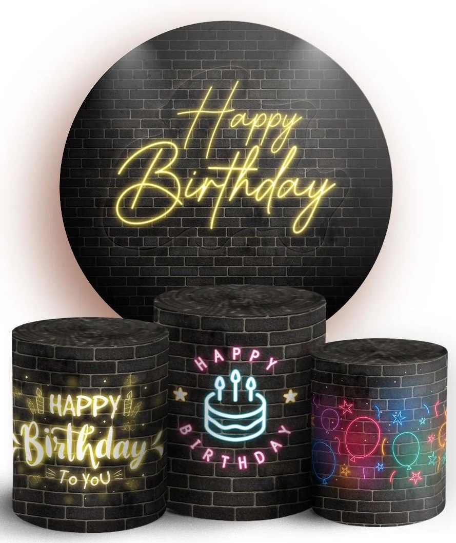 Happy Birthaday Parede Tijolo Preto Painel Redondo 150Cm - FOCUSEVENTOSJATAI