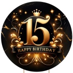 15 Anos Happy Birthaday Preto E Dourado - Painel Redondo 150Cms - imagem 1