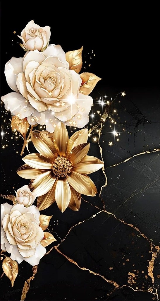 Floral Margarida Dourado Painel Retangular 220X150Cm  Fundo Preto Liso 03 - FOCUSEVENTOSJATAI