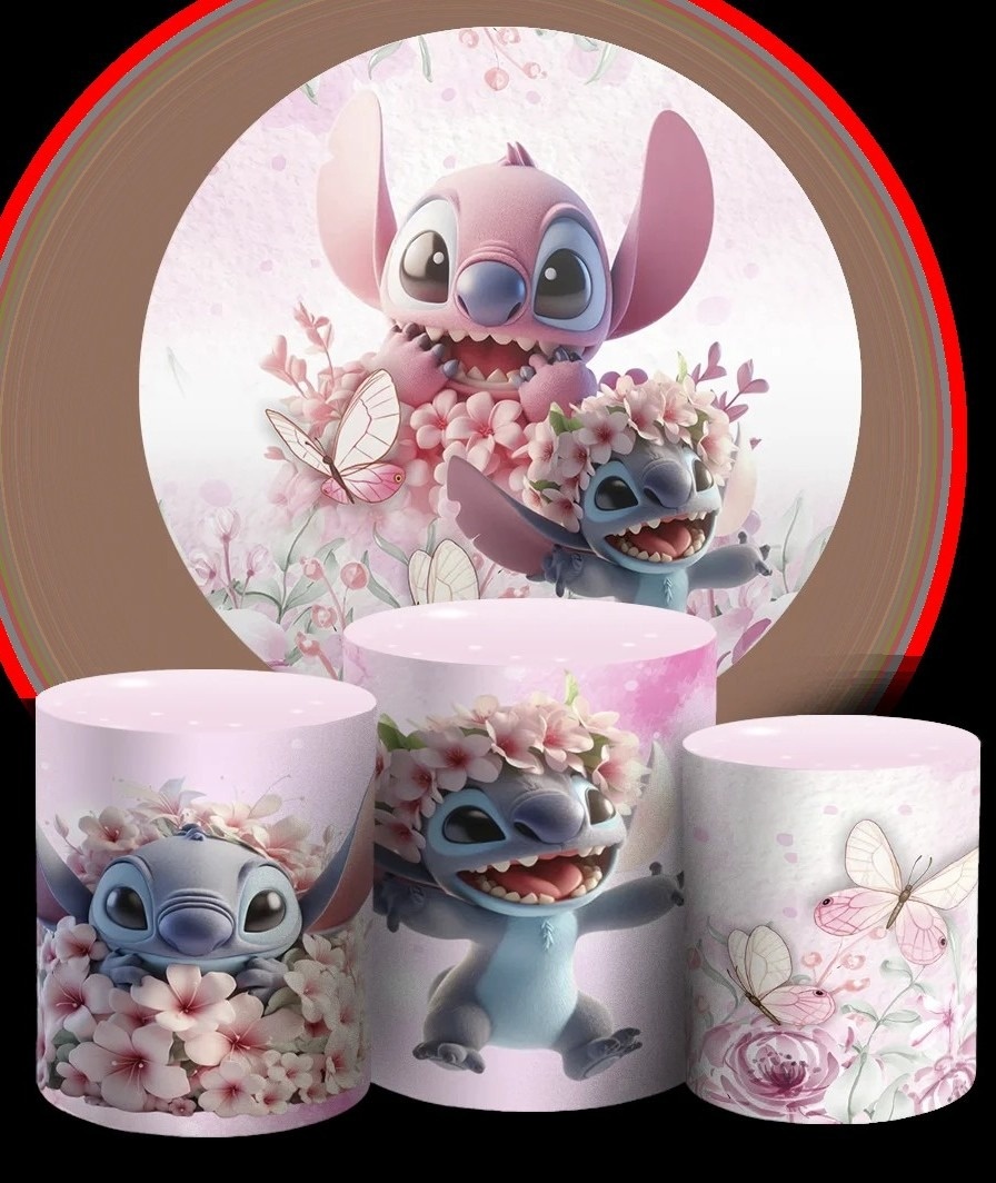 Lillo Stitch Flores E Borboletas 3D Painel Redondo 150Cm - FOCUSEVENTOSJATAI