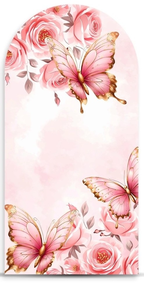 Borboleta Luxo Rosa E Dourado Painel Romano 200X100 - Fundo Rosa Goiaba - FOCUSEVENTOSJATAI