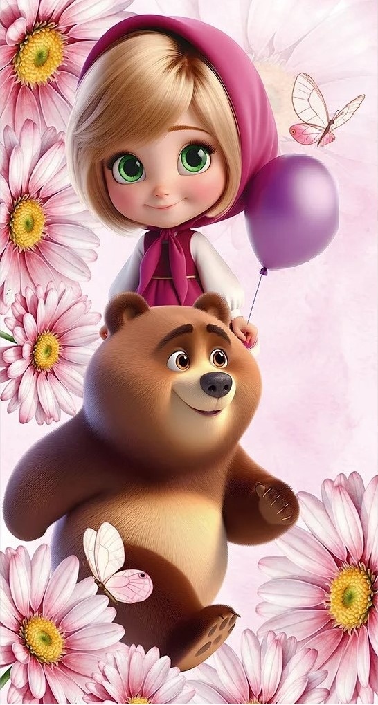 Masha E Urso 3D Flores Rosa Painel Retangular 220X150Cm - FOCUSEVENTOSJATAI