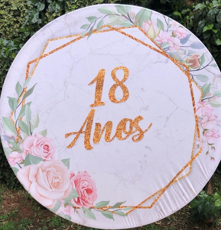 18 Anos Marmorizado Floral Rosa Glitter Dourado - Painel Redondo 150Cms - FOCUSEVENTOSJATAI
