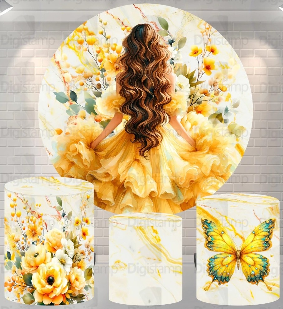 15 Anos Menina Borboleta Dourado - Painel Redondo 150Cms - FOCUSEVENTOSJATAI
