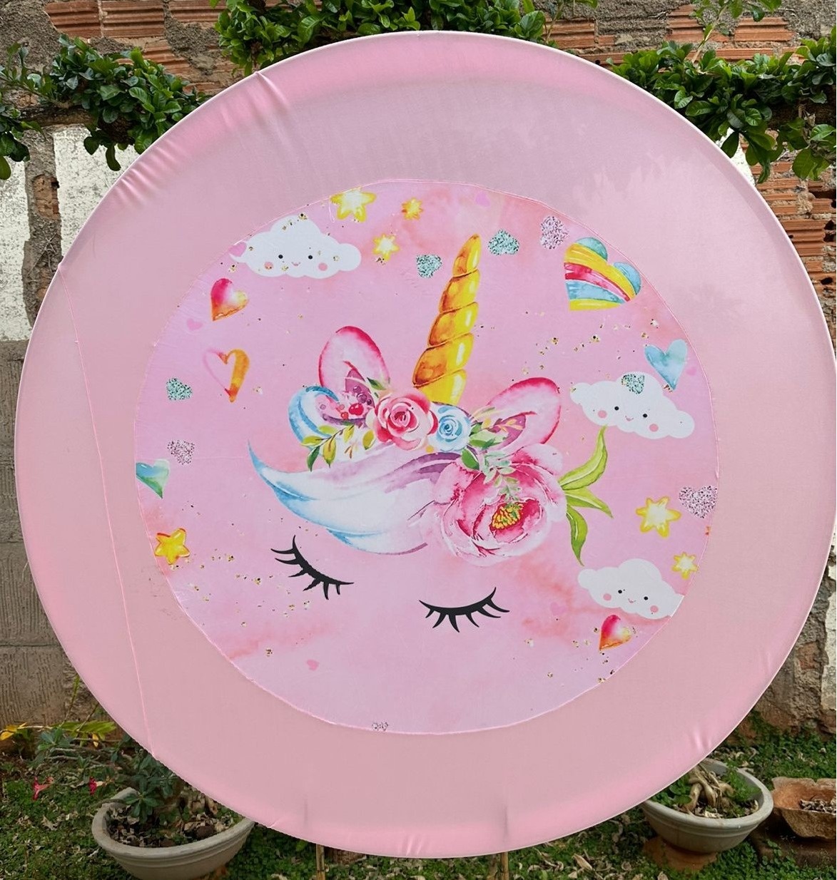 Unicórnio Faixa Lateral Rosa Painel Redondo 150Cm - FOCUSEVENTOSJATAI